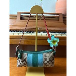 Coach Demi Baguette Signature Monogram Suede Stripe Brown Green Red 7039 Vintage